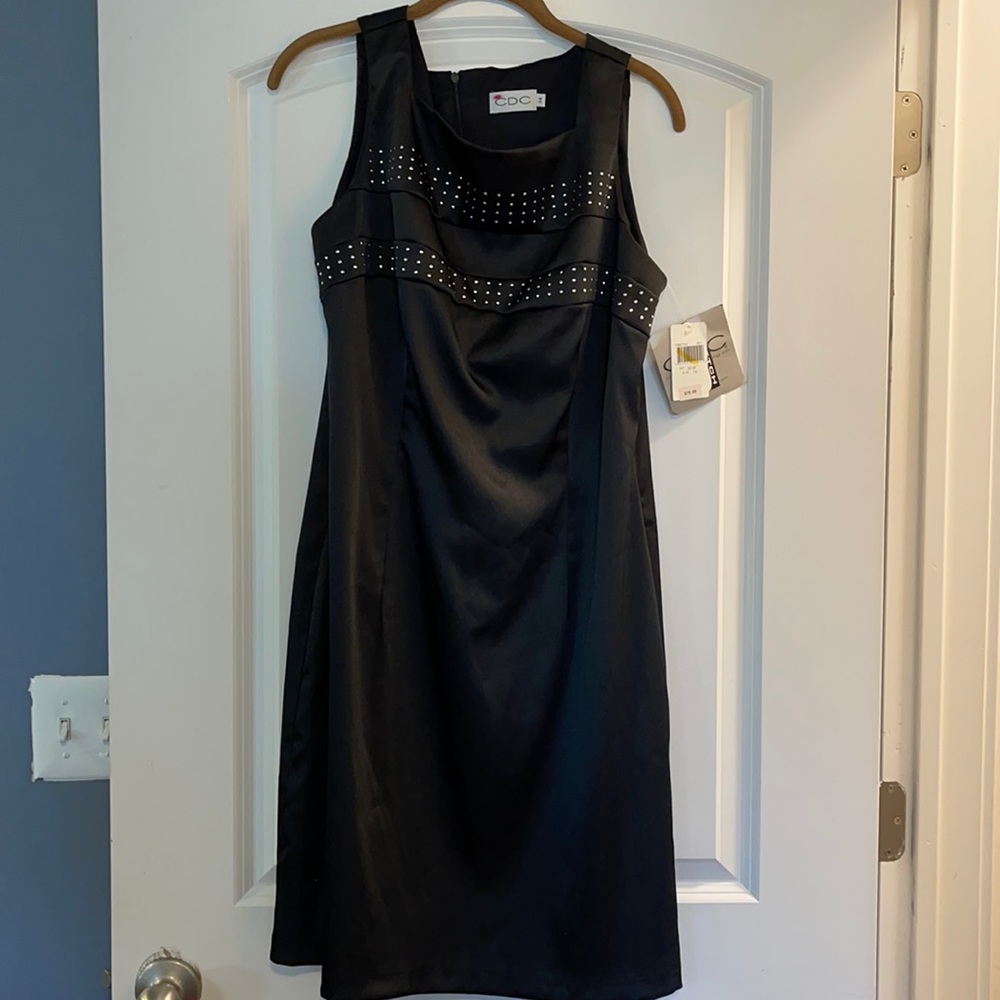 CDC NWT size 14 black with silver rhinestone sleeveless satin dress